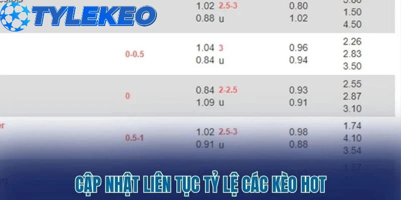 Cập nhập liên tục tỷ lệ kèo hot